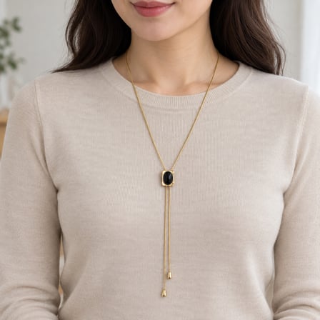 Kadın Siyah Oval Taşlı Gold Renk 70 cm Ayarlanabilir Uzun Y Kolye