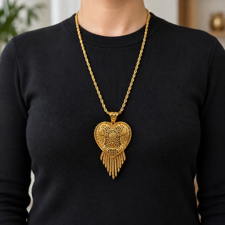 Gold Renk Otantik Hint Modeli Kalp Motifli Sallantılı Uzun Kadın Kolye 60+5 cm