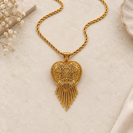 Gold Renk Otantik Hint Modeli Kalp Motifli Sallantılı Uzun Kadın Kolye 60+5 cm