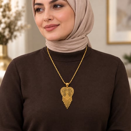 Gold Renk Kalp İçinde Çiçek Motifli Püsküllü Uzun Kadın Kolye 60+5 cm