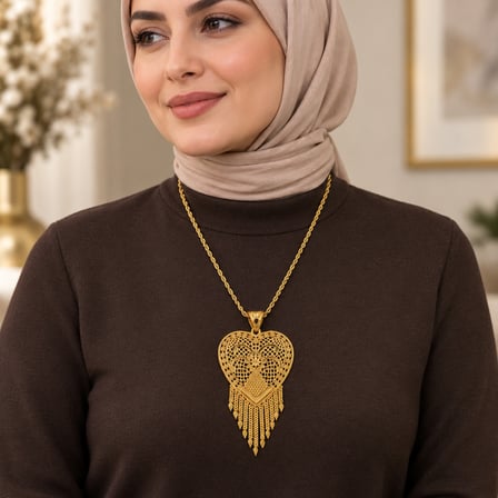 Gold Renk Kalp İçinde Çiçek Motifli Püsküllü Uzun Kadın Kolye 60+5 cm