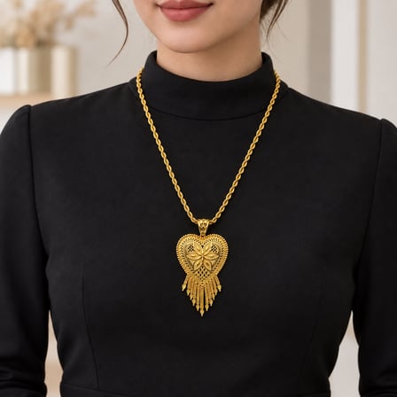 Kadın Gold Kalp Motifli Püsküllü Hint Kolyesi, Uzun Burgu Zincirli Etnik Kolye 60+5 cm 