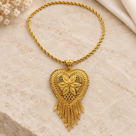Kadın Gold Kalp Motifli Püsküllü Hint Kolyesi, Uzun Burgu Zincirli Etnik Kolye 60+5 cm 