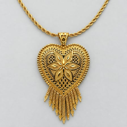 Kadın Gold Kalp Motifli Püsküllü Hint Kolyesi, Uzun Burgu Zincirli Etnik Kolye 60+5 cm 