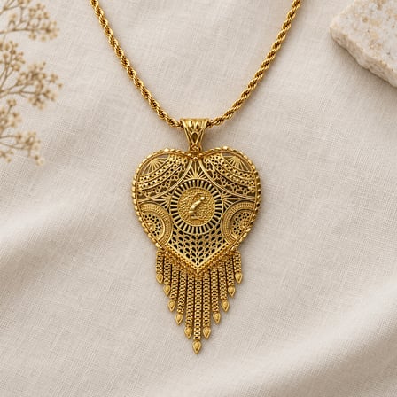 Kadın Gold Renk Kalp Formlu Püsküllü Otantik Hint İşi Uzun Kolye 60+5 cm