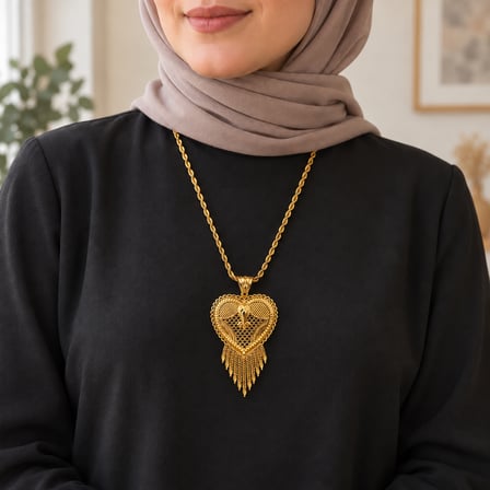 Kadın Gold Renk Kalp Motifli Püsküllü Uzun Hint Kolyesi 60+5 cm