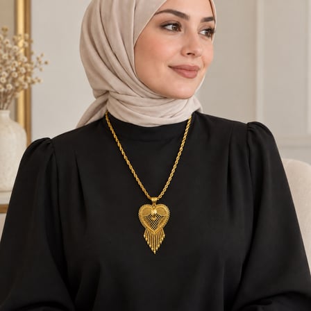 Kadın Gold Renk Kalp Motifli Püsküllü Uzun Hint Kolyesi 60+5 cm