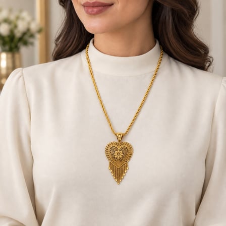 Gold Renk Kalp Motifli Püsküllü Taşsız Hint İşi Halat Zincir Kadın Kolye 60+5 cm