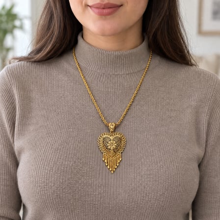 Gold Renk Kalp Motifli Püsküllü Taşsız Hint İşi Halat Zincir Kadın Kolye 60+5 cm
