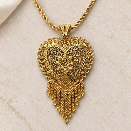 Gold Renk Kalp Motifli Püsküllü Taşsız Hint İşi Halat Zincir Kadın Kolye 60+5 cm