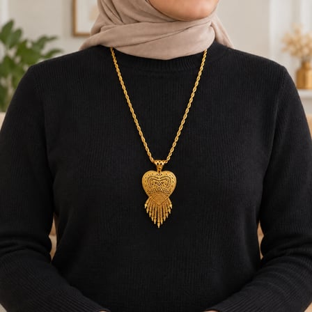 Gold Renk Kalp Formlu Ajurlu Püsküllü Hint İşi Halat Zincir Uzun Kadın Kolye 60+5 cm
