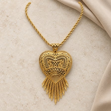 Gold Renk Kalp Formlu Ajurlu Püsküllü Hint İşi Halat Zincir Uzun Kadın Kolye 60+5 cm