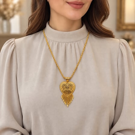Gold Renk Kalp Formlu Ajurlu Püsküllü Hint İşi Halat Zincir Uzun Kadın Kolye 60+5 cm