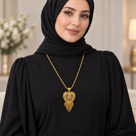 Kadın Gold Renk Çiçek Desenli Kalp Motifli Püsküllü Hint İşi Uzun Kolye 60+5 cm