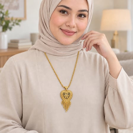 Kadın Gold Renk Çiçek Desenli Kalp Motifli Püsküllü Hint İşi Uzun Kolye 60+5 cm