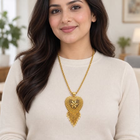 Kadın Gold Renk Çiçek Desenli Kalp Motifli Püsküllü Hint İşi Uzun Kolye 60+5 cm