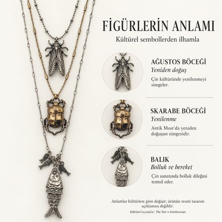 Ağustos Böceği, Skarabe ve Balık Figürlü Üç Katlı Bohem Uzun Kolye – 60+65+70 cm