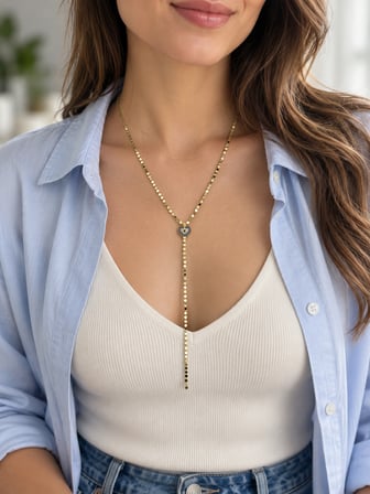 14 K Renginde Kalp Figürlü Nazar Taşlı Pul Zincir Y Kolye 50–55 cm  316L Paslanmaz Çelik Kolye