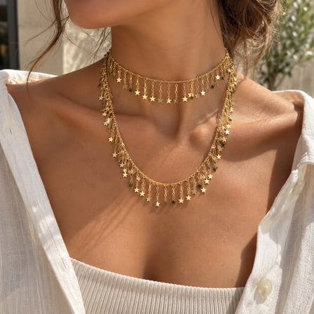 Dora’s Shine Yıldız Saçaklı Çoklu Kullanım - 80 cm - Altın Model Paslanmaz Çelik Kolye-Bileklik-Bel Zinciri-Halhal - 4-5 Tur Wrap Tasarım - Çok Yönlü Kullanım