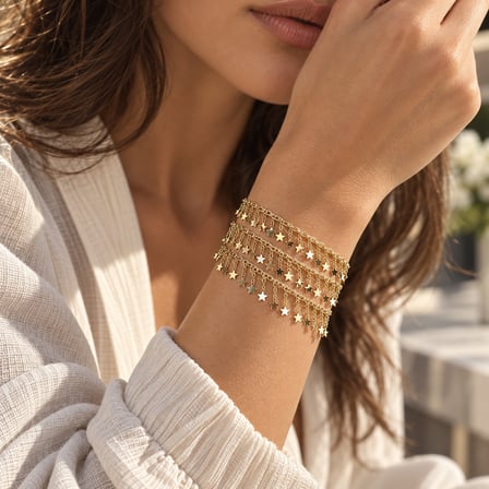 Dora’s Shine Yıldız Saçaklı Çoklu Kullanım - 80 cm - Altın Model Paslanmaz Çelik Kolye-Bileklik-Bel Zinciri-Halhal - 4-5 Tur Wrap Tasarım - Çok Yönlü Kullanım