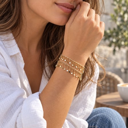 Dora’s Shine Yıldız Saçaklı Çoklu Kullanım - 80 cm - Altın Model Paslanmaz Çelik Kolye-Bileklik-Bel Zinciri-Halhal - 4-5 Tur Wrap Tasarım - Çok Yönlü Kullanım