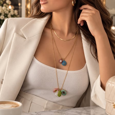 Dora's Shine Aurora Bloom ZRA Model Gold Renk 3 Katmanlı Renkli Mineli Çiçek ve Nazar Boncuğu Figürlü Charm Kolye – Bohem Şıklık Özel Tasarım Çoklu Kolye Seti