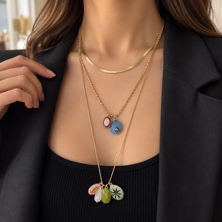 Dora's Shine Aurora Bloom ZRA Model Gold Renk 3 Katmanlı Renkli Mineli Çiçek ve Nazar Boncuğu Figürlü Charm Kolye – Bohem Şıklık Özel Tasarım Çoklu Kolye Seti