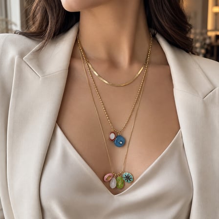 Dora's Shine Aurora Bloom ZRA Model Gold Renk 3 Katmanlı Renkli Mineli Çiçek ve Nazar Boncuğu Figürlü Charm Kolye – Bohem Şıklık Özel Tasarım Çoklu Kolye Seti