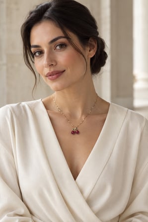 Dora's Shine Cherry Chic Paslanmaz Çelik Altın Renk Yeşil Yaprak Detaylı Kırmızı Kiraz Figürlü Kadın Kolye