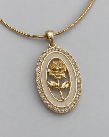 Dora's Shine Rosa Gül Motifli Taşlı Oval Madalyon İnce Zincirli Altın Renk Kadın Kolye
