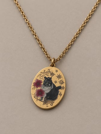 Dora's Shine Gece Bahçesi Kedi ve Çiçek Motifli Altın Renk Paslanmaz Çelik Oval Madalyon Kadın Kolye