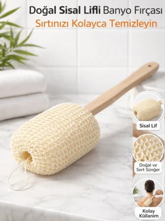 Beylini Sisal Ahşap Saplı Sırt Lifi Banyo Sırt Kese Fırçası Vücut Peeling Ölü Deri Temizleme Çubuğu 26cm Sap