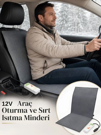 Beylini OMAK 12V Araç Koltuk Isıtıcı Minder 5 Kademeli Kumandalı Çakmaklık Girişli Sırt ve Oturma Isıtma Minderi Gri 35x90 CM