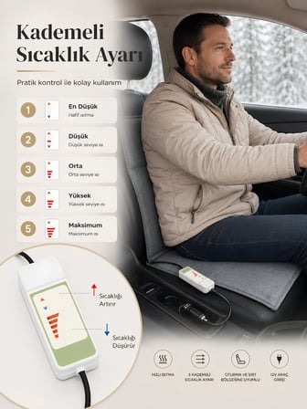 Beylini OMAK 12V Araç Koltuk Isıtıcı Minder 5 Kademeli Kumandalı Çakmaklık Girişli Sırt ve Oturma Isıtma Minderi Gri 35x90 CM