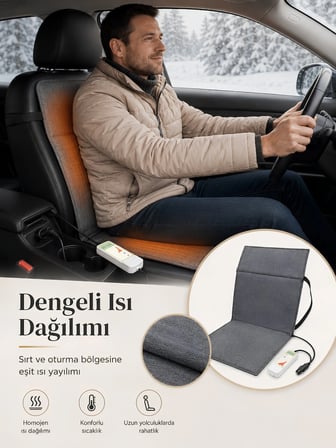 Beylini OMAK 12V Araç Koltuk Isıtıcı Minder 5 Kademeli Kumandalı Çakmaklık Girişli Sırt ve Oturma Isıtma Minderi Gri 35x90 CM