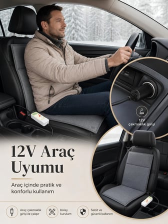 Beylini OMAK 12V Araç Koltuk Isıtıcı Minder 5 Kademeli Kumandalı Çakmaklık Girişli Sırt ve Oturma Isıtma Minderi Gri 35x90 CM