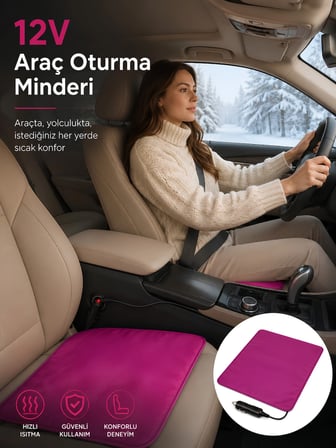 Beylini OMAK 12V Araç Isıtıcı Minder 30x45 CM Termostatlı Çakmaklık Girişli Tak Çalıştır Otomobil Koltuk Isıtma Minderi 30x45 CM
