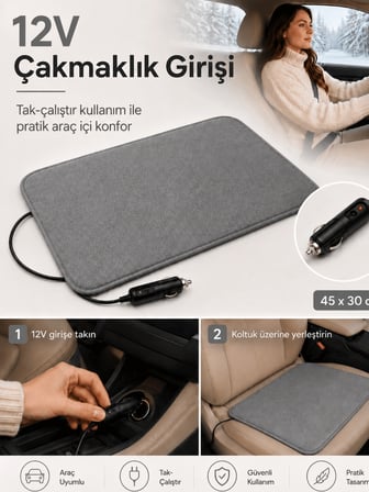 Beylini OMAK 12V Araç Isıtıcı Minder 30x45 CM Termostatlı Çakmaklık Girişli Tak Çalıştır Otomobil Koltuk Isıtma Minderi 30x45 CM