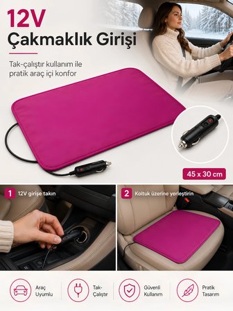 Beylini OMAK 12V Araç Isıtıcı Minder 30x45 CM Termostatlı Çakmaklık Girişli Tak Çalıştır Otomobil Koltuk Isıtma Minderi 30x45 CM