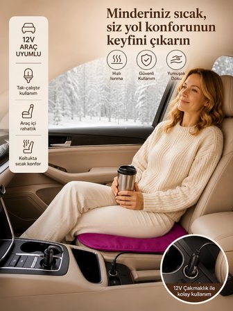 Beylini OMAK 12V Araç Isıtıcı Minder 30x45 CM Termostatlı Çakmaklık Girişli Tak Çalıştır Otomobil Koltuk Isıtma Minderi 30x45 CM