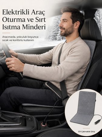 Beylini OMAK 12V Elektrikli Araç Koltuk Isıtıcı Tak Çalıştır Minder Termostatlı Çakmaklık Girişli Sırt ve Oturma Isıtma Minderi Gri 35x90 CM