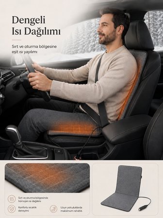 Beylini OMAK 12V Elektrikli Araç Koltuk Isıtıcı Tak Çalıştır Minder Termostatlı Çakmaklık Girişli Sırt ve Oturma Isıtma Minderi Gri 35x90 CM