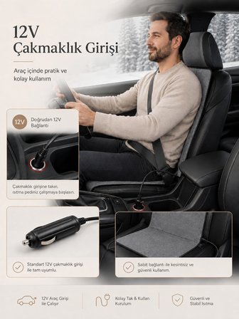 Beylini OMAK 12V Elektrikli Araç Koltuk Isıtıcı Tak Çalıştır Minder Termostatlı Çakmaklık Girişli Sırt ve Oturma Isıtma Minderi Gri 35x90 CM