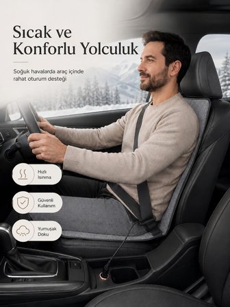 Beylini OMAK 12V Elektrikli Araç Koltuk Isıtıcı Tak Çalıştır Minder Termostatlı Çakmaklık Girişli Sırt ve Oturma Isıtma Minderi Gri 35x90 CM