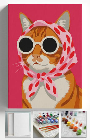 Sayılarla Boyama Seti Numaralı Tuval Fırça Boya Askı Aparatı Dahil Set 40x50 Cm - KOMİK KEDİ GÖZLÜKLÜ