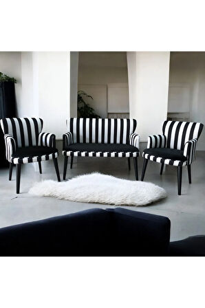 Zebra Siyah-beyaz Kumaşlı Ahşap Ayaklı Çay Seti Koltuk Takımı Ofis Koltuğu Bekleme Koltuk Takımı