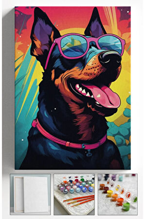 Sayılarla Boyama Çerçeveli Hobi Seti Numaralı Tuval Fırça Boya Dahil Kasnaklı KÖPEK 40X50 Cm