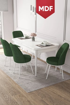 Kor Serisi, 70x114 Açılabilir MDF Beyaz Yemek Masası Takımı,4 Haki Yeşil Sandalye