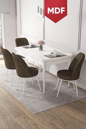 Kor Serisi, Beyaz 70x114 MDF Açılabilir Mutfak Masa Takımı, 4 Kahve Sandalye