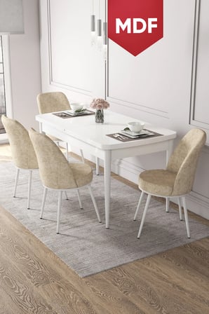 Kor Serisi 70x114 Açılabilir MDF Mutfak Masa Takımı Beyaz Masa 4 Krem Sandalye